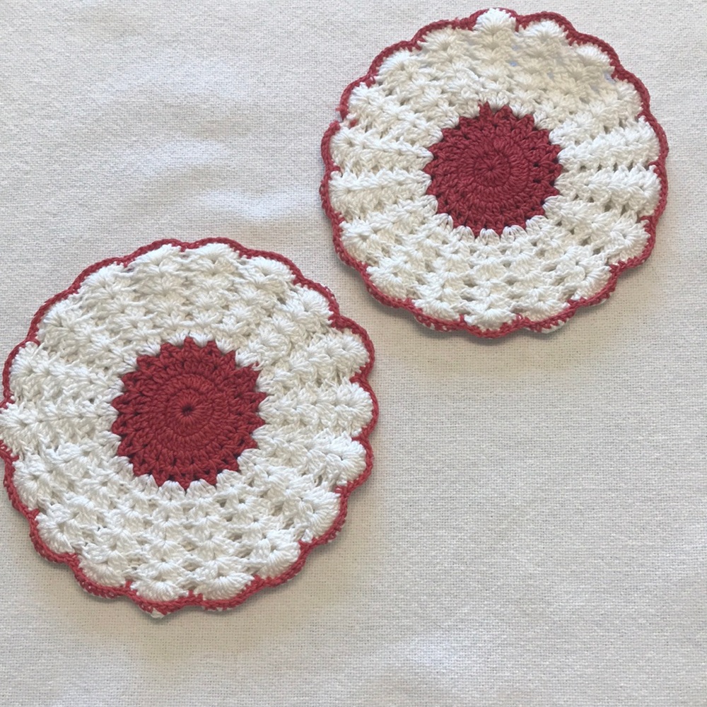 Vintage Red & White hand crocheted hot pads EUC S/2